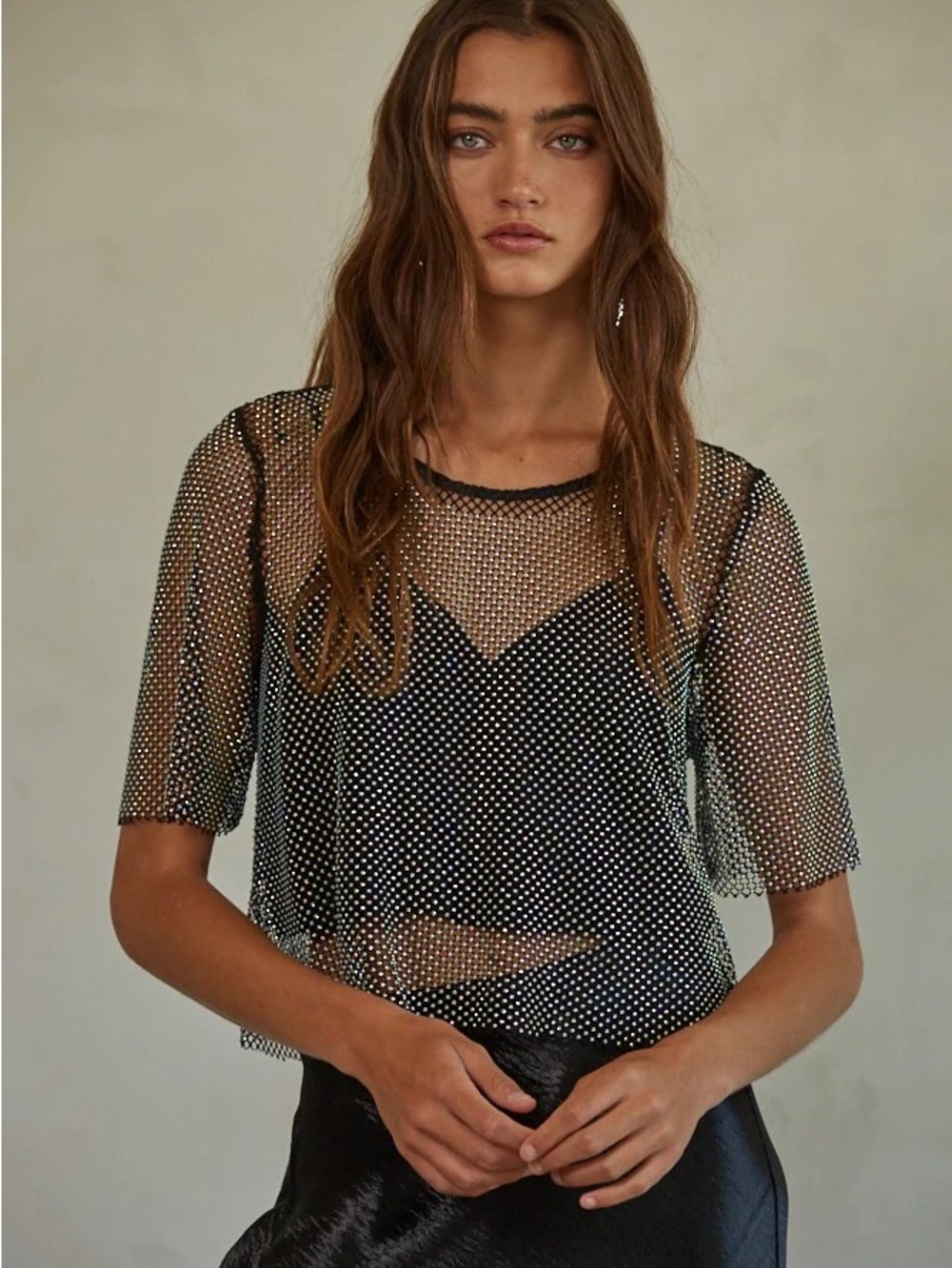 By Together Black Sheer Rhinestone Mesh Crop Top